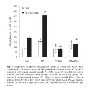 Fig 4 Comparison of plasma triacylglicerol levels in fasting and postprandial condition after 90 days of treatment with yacon flour